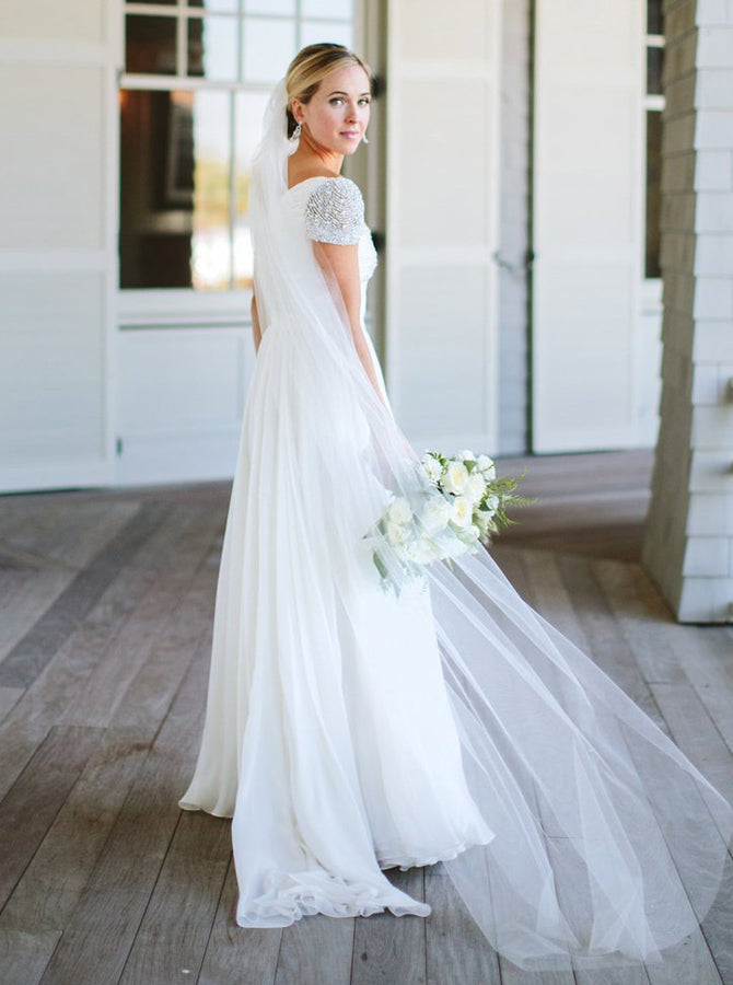 Chiffon Wedding Dress with Beaded Cap Sleeves,Beach Wedding Dress,WD00418 US2 / Custom Color(leaving a note)