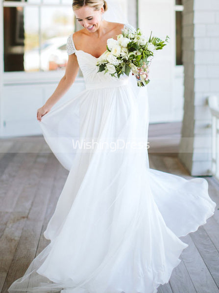 Chiffon Wedding Dress with Beaded Cap Sleeves,Beach Wedding Dress,WD00418