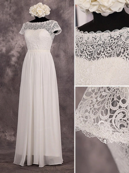 Chiffon Wedding Dress with Short Sleeves,Vintage Beach Wedding Dress,WD00527
