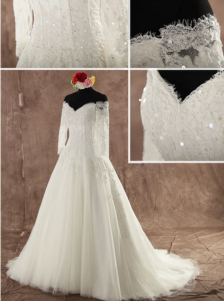 Classic Off the Shoulder Wedding Gown with 3/4 Length Sleeves,WD00591