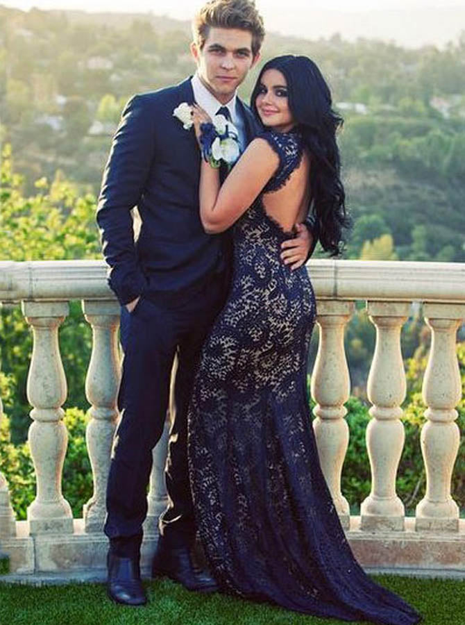 Classic Royal Blue Evening Dress,Lace V Neck Evening Dress,Elegant Pro