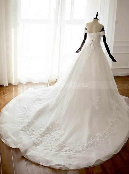 Classic Wedding Dresses with Train, Off the Shoulder Bridal Dress,Corset Wedding Dress,WD00310