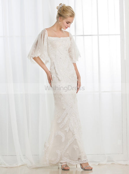 Column Wedding Dresses,Short Sleeves Wedding Dress,Floor Length Wedding Dress,WD00024