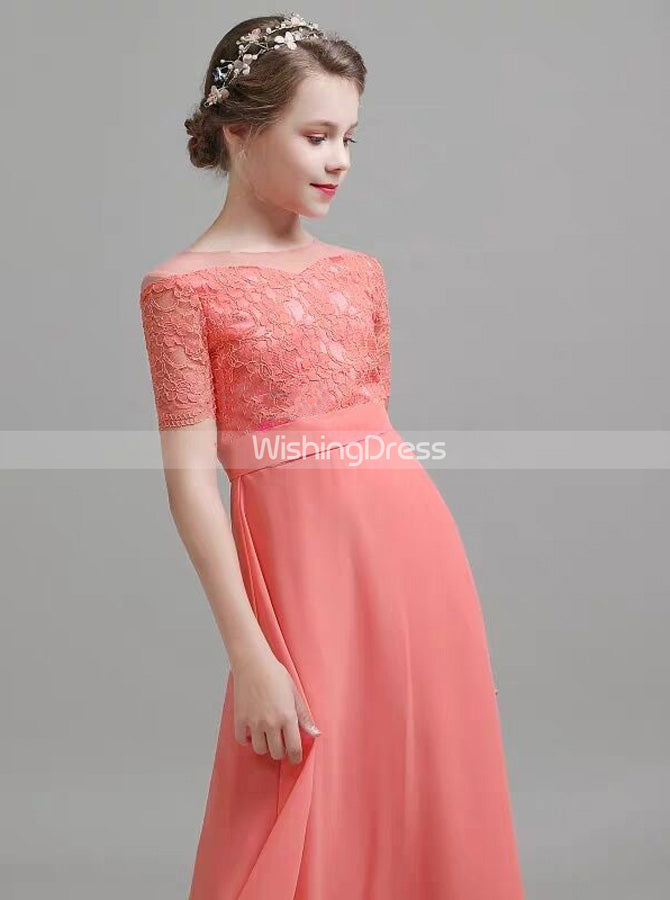 Coral Junior Bridesmaid Dresses with Sleeves,Chiffon Elegant Junior Br