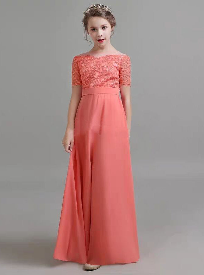 Coral Junior Bridesmaid Dresses with Sleeves,Chiffon Elegant Junior Br
