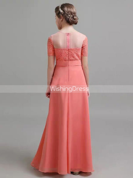 Coral Junior Bridesmaid Dresses with Sleeves,Chiffon Elegant Junior Bridesmaid Dress,JB00067