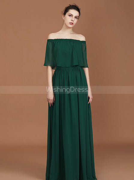 Dark Green Chiffon Long Bridesmaid Dress,Off the Shoulder Bridesmaid Dress,BD00227