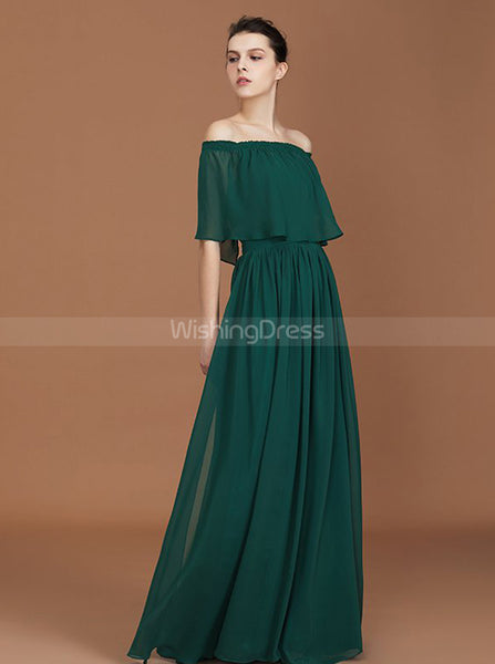 Dark Green Chiffon Long Bridesmaid Dress,Off the Shoulder Bridesmaid Dress,BD00227