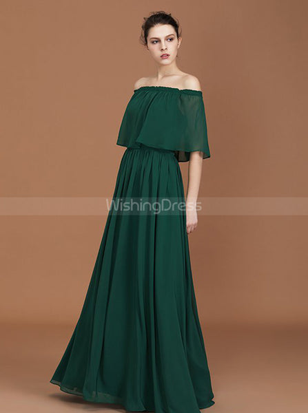 Dark Green Chiffon Long Bridesmaid Dress,Off the Shoulder Bridesmaid Dress,BD00227