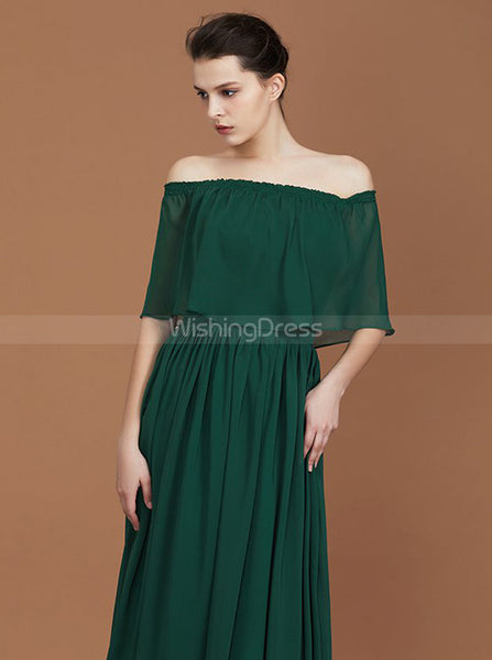 Dark Green Chiffon Long Bridesmaid Dress,Off the Shoulder Bridesmaid Dress,BD00227