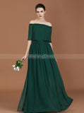 Dark Green Chiffon Long Bridesmaid Dress,Off the Shoulder Bridesmaid Dress,BD00227