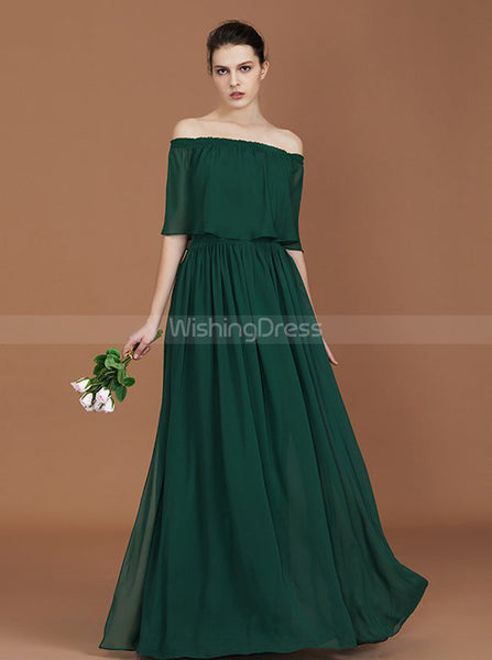 Dark Green Chiffon Long Bridesmaid Dress,Off the Shoulder Bridesmaid Dress,BD00227