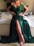 Dark Green Elastic Satin Prom Dress,Off the Shoulder Evening Dress with Slit,PD00174