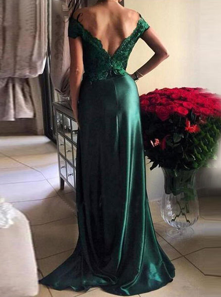 Dark Green Elastic Satin Prom Dress,Off the Shoulder Evening Dress with Slit,PD00174