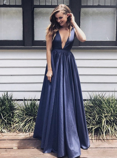 Dark Navy A-line Prom Dress,V Neck Prom Dress Long,Simple Evening Dress PD00054