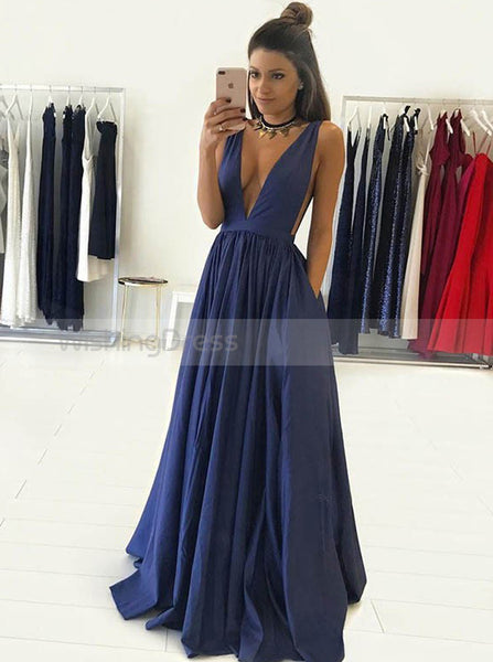 Dark Navy A-line Prom Dress,V Neck Prom Dress Long,Simple Evening Dress PD00054