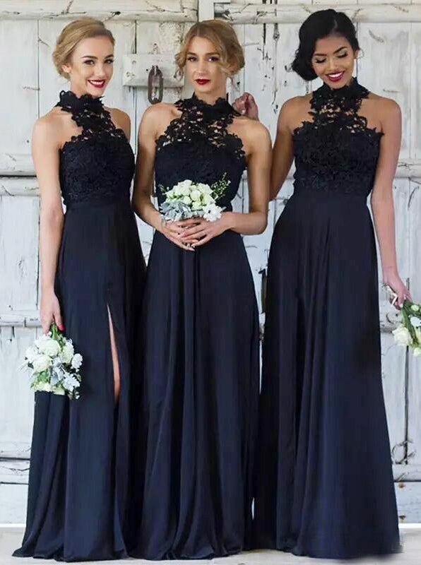 bridesmaid dress navy high neck dress