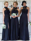 Dark Navy Bridesmaid Dress,Chiffon Bridesmaid Dress with Slit,High Neck Bridesmaid Dress,BD00103