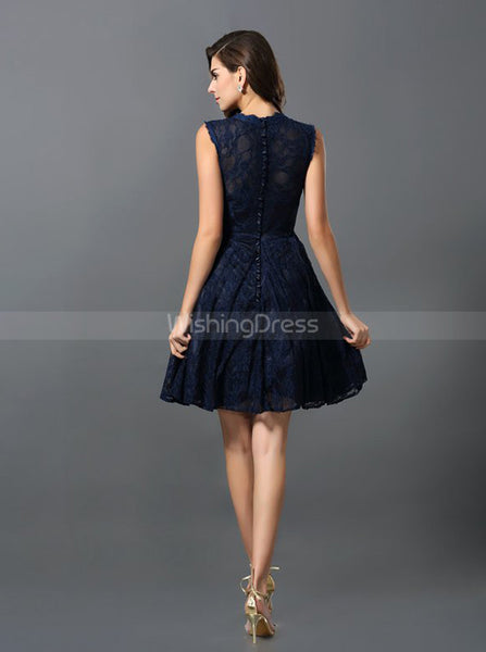 Dark Navy Bridesmaid Dress,Lace Bridesmaid Dress,Short Bridesmaid Dress,BD00240