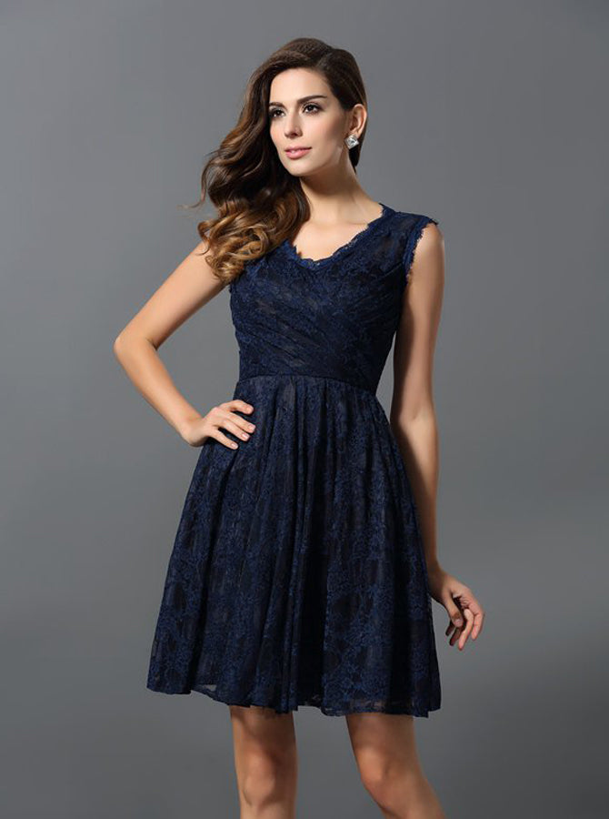 Dark Navy Bridesmaid Dress,Lace Bridesmaid Dress,Short Bridesmaid Dres