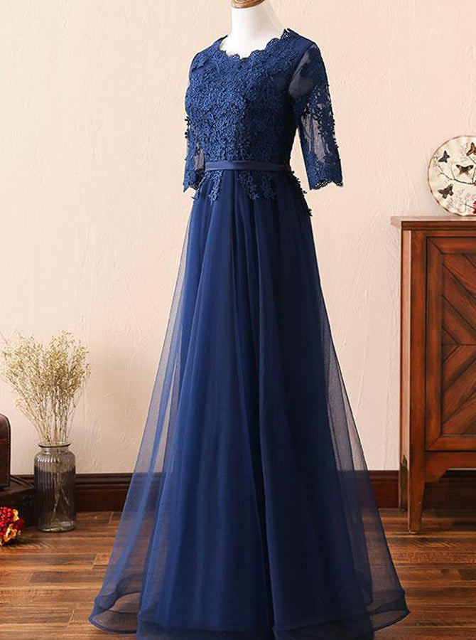 Dark Navy Bridesmaid Dress,Mother Dress with Sleeves,Long Bridesmaid D