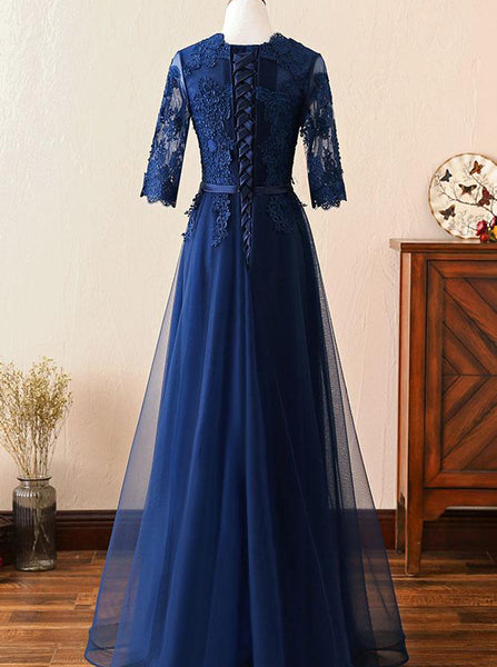 Dark Navy Bridesmaid Dress,Mother Dress with Sleeves,Long Bridesmaid Dress,BD00195