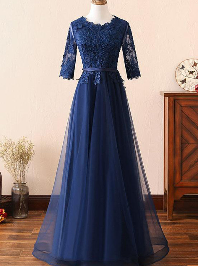 Dark Navy Bridesmaid Dress,Mother Dress with Sleeves,Long Bridesmaid D