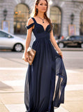 Dark Navy Chiffon Prom Dress,Long Summer Bridesmaid Dress,Plus Size Bridesmaid Dress PD00011