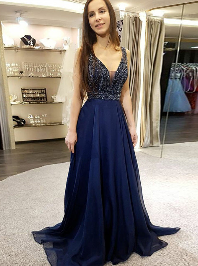 Dark Navy Chiffon Prom Dress,Sweep Train Evening Dress,Open Back Eveni