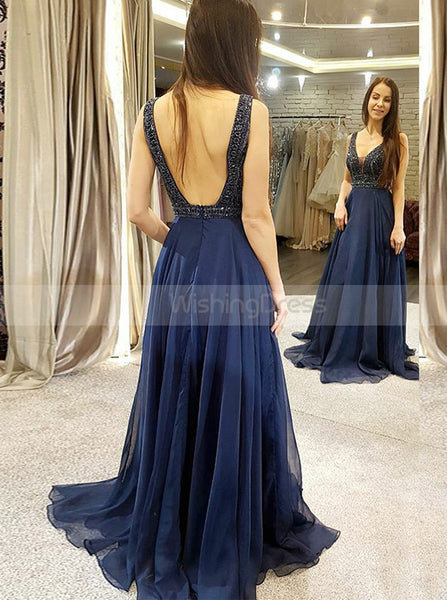 Dark Navy Chiffon Prom Dress,Sweep Train Evening Dress,Open Back Evening Dress Gorgeous PD00043