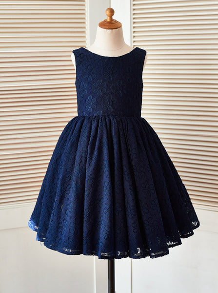 Dark Navy Flower Girl Dress,Lace Girl Party Dress,Tea Length Flower Girl Dress,FD00101
