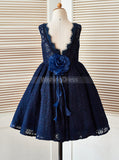 Dark Navy Flower Girl Dress,Lace Girl Party Dress,Tea Length Flower Girl Dress,FD00101
