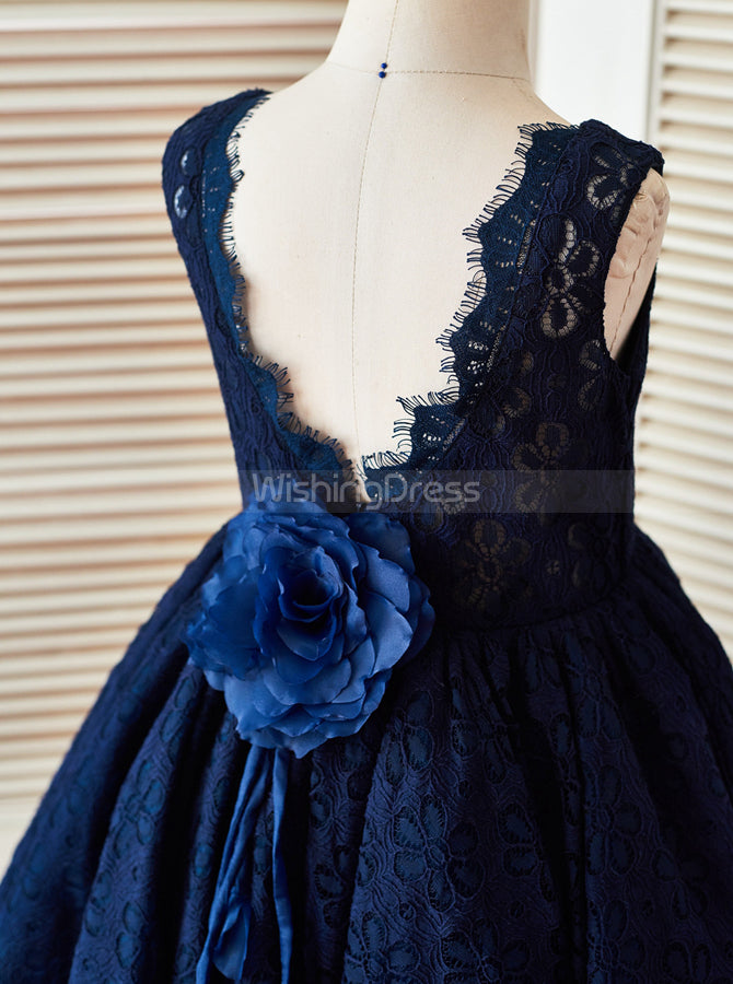 Dark Navy Flower Girl Dress,Lace Girl Party Dress,Tea Length Flower Gi - Wishingdress Dark Navy Flower Girl Dress,Lace Girl Party Dress,Tea Length Flower Gi - Wishingdress
