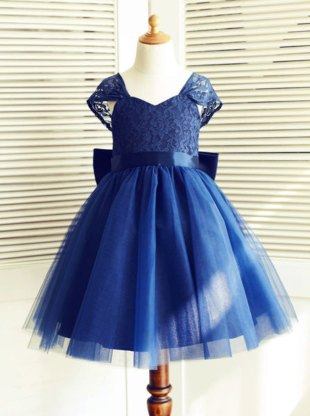 Dark Navy Flower Girl Dress,Short Flower Girl Dress,Flower Girl Dress with Bow,FD00011