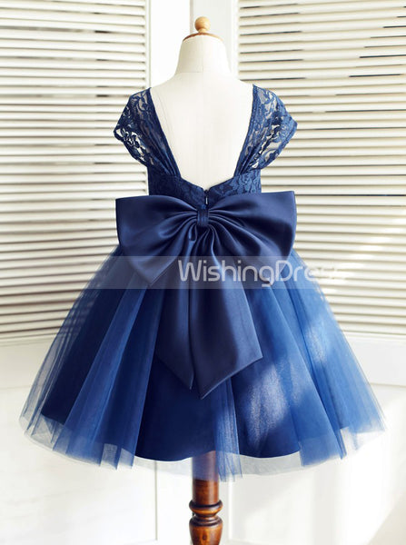 Dark Navy Flower Girl Dress,Short Flower Girl Dress,Flower Girl Dress with Bow,FD00011