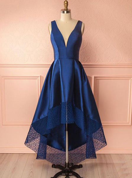 Dark Navy Homecoming Dress,High Low Prom Dress,V Neck Prom Dress,Lace Satin Prom Dress PD00200