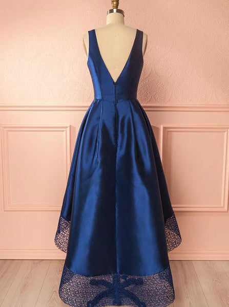 Dark Navy Homecoming Dress,High Low Prom Dress,V Neck Prom Dress,Lace Satin Prom Dress PD00200