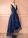 Dark Navy Homecoming Dress,High Low Prom Dress,V Neck Prom Dress,Lace Satin Prom Dress PD00200