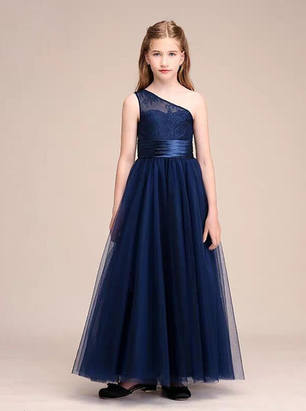 Dark Navy Junior Bridesmaid Dress,One Shoulder Junior Bridesmaid Dress,JB00054