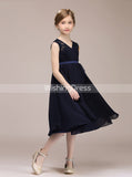 Dark Navy Junior Bridesmaid Dresses,Chiffon Tea Length Junior Bridesmaid Dress,JB00037