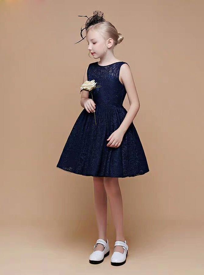 Dark Navy Lace Party Dress for Teens,Knee Length Junior Bridesmaid Dre
