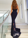 Dark Navy Mermaid Evening Dress with Train,Lace Prom Dress,Halter Prom Dress PD00124