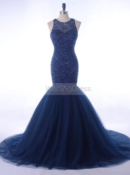 Dark Navy Mermaid Prom Dress,Beaded Tulle Prom Dress,Sparkly Prom Dress PD00046