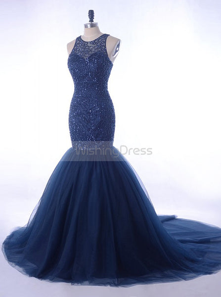 Dark Navy Mermaid Prom Dress,Beaded Tulle Prom Dress,Sparkly Prom Dress PD00046