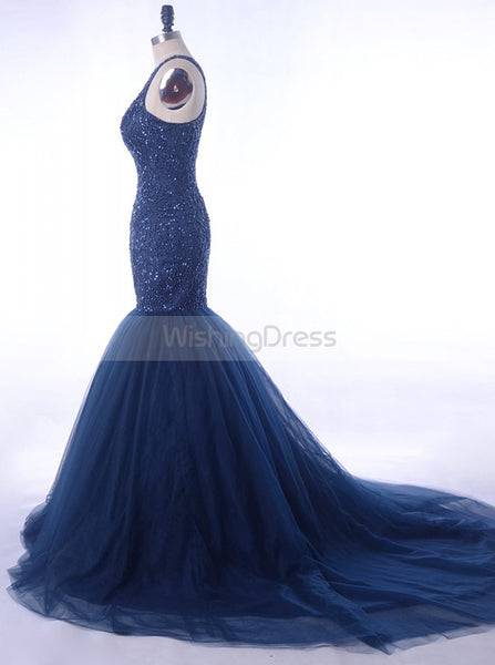 Dark Navy Mermaid Prom Dress,Beaded Tulle Prom Dress,Sparkly Prom Dress PD00046