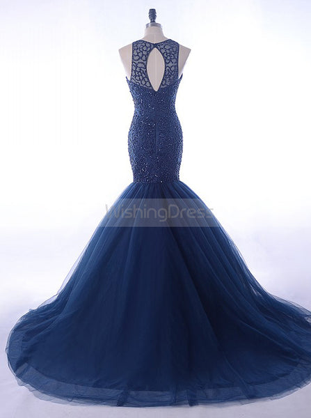 Dark Navy Mermaid Prom Dress,Beaded Tulle Prom Dress,Sparkly Prom Dress PD00046