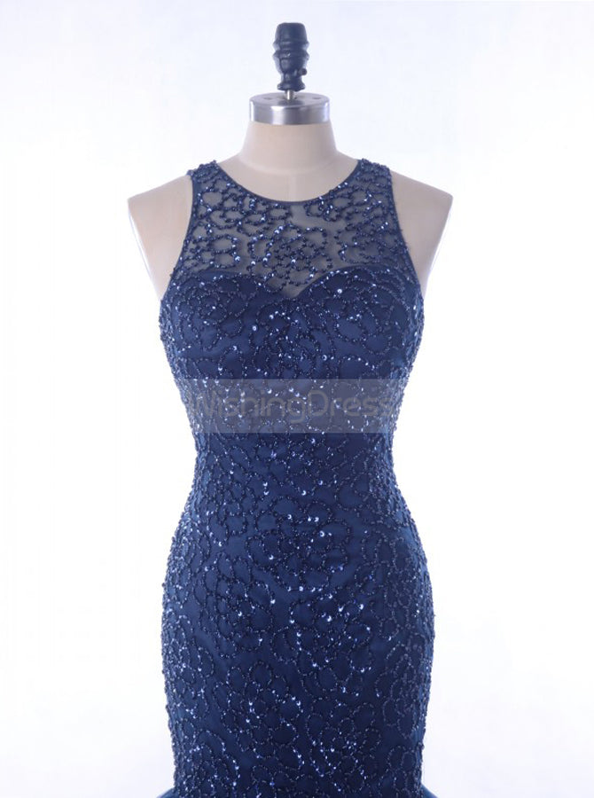 Dark Navy Mermaid Prom Dress,Beaded Tulle Prom Dress,Sparkly Prom Dres - Wishingdress Dark Navy Mermaid Prom Dress,Beaded Tulle Prom Dress,Sparkly Prom Dres - Wishingdress