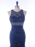 Dark Navy Mermaid Prom Dress,Beaded Tulle Prom Dress,Sparkly Prom Dress PD00046