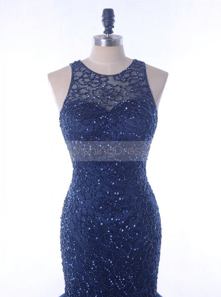Dark Navy Mermaid Prom Dress,Beaded Tulle Prom Dress,Sparkly Prom Dress PD00046