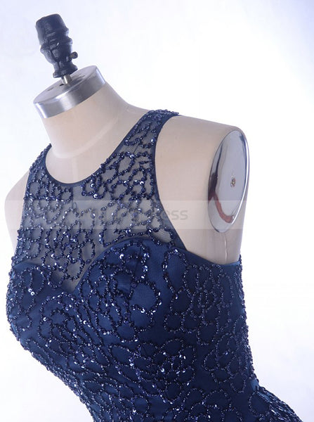 Dark Navy Mermaid Prom Dress,Beaded Tulle Prom Dress,Sparkly Prom Dress PD00046